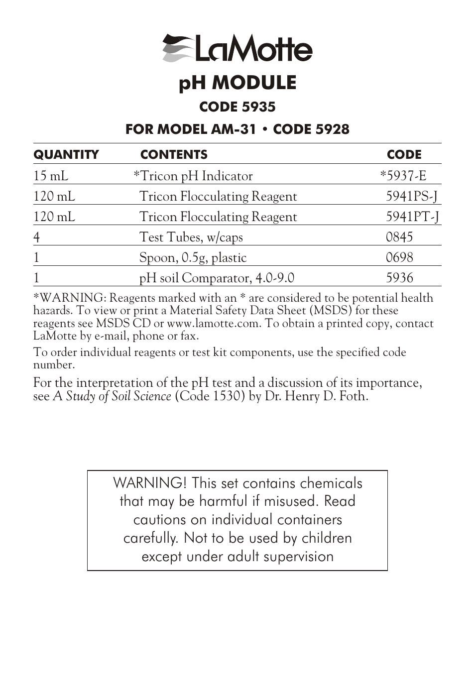 LaMotte pH MODULE AM-31 User Manual | 4 pages