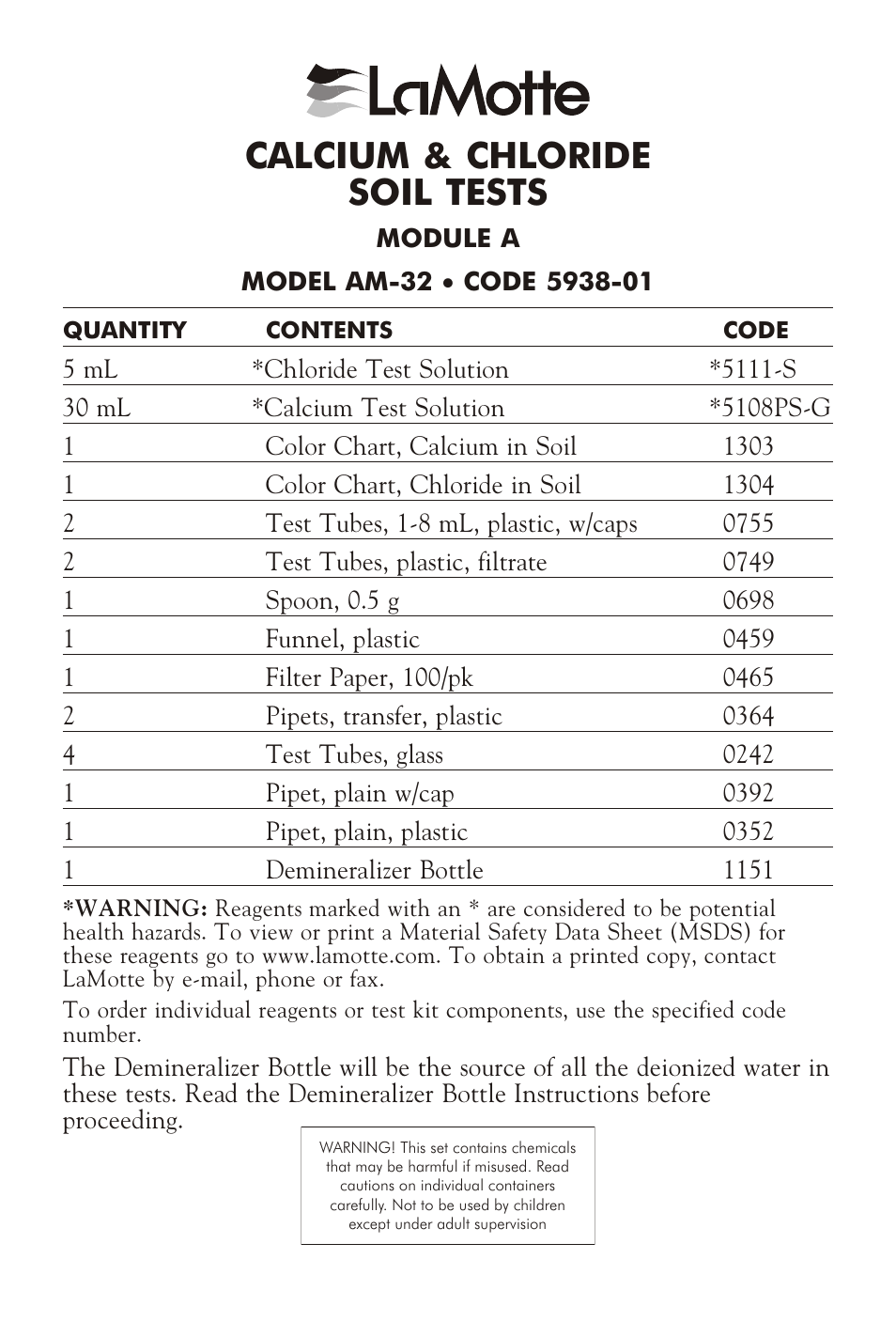 LaMotte CALCIUM & CHLORIDE SOIL TESTS MODULE A User Manual | 4 pages