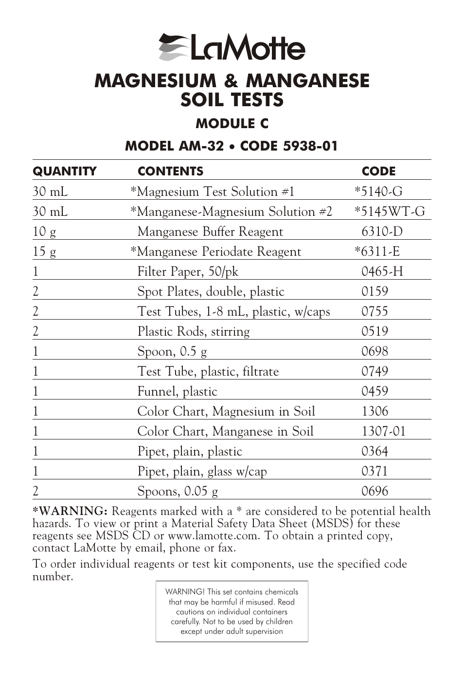 LaMotte MAGNESIUM & MANGANESE SOIL TESTS MODULE C User Manual | 4 pages