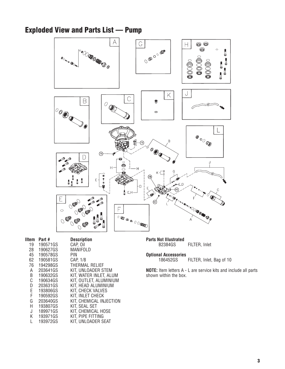 Exploded view and parts list — pump | Briggs & Stratton 20306 User Manual | Page 3 / 3