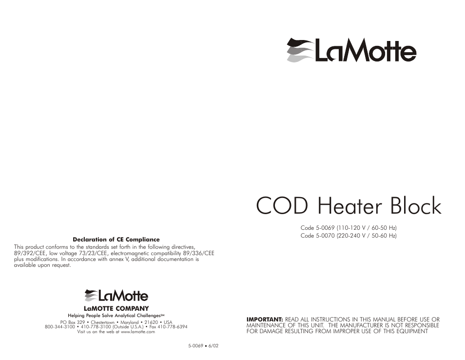 LaMotte COD User Manual | 2 pages