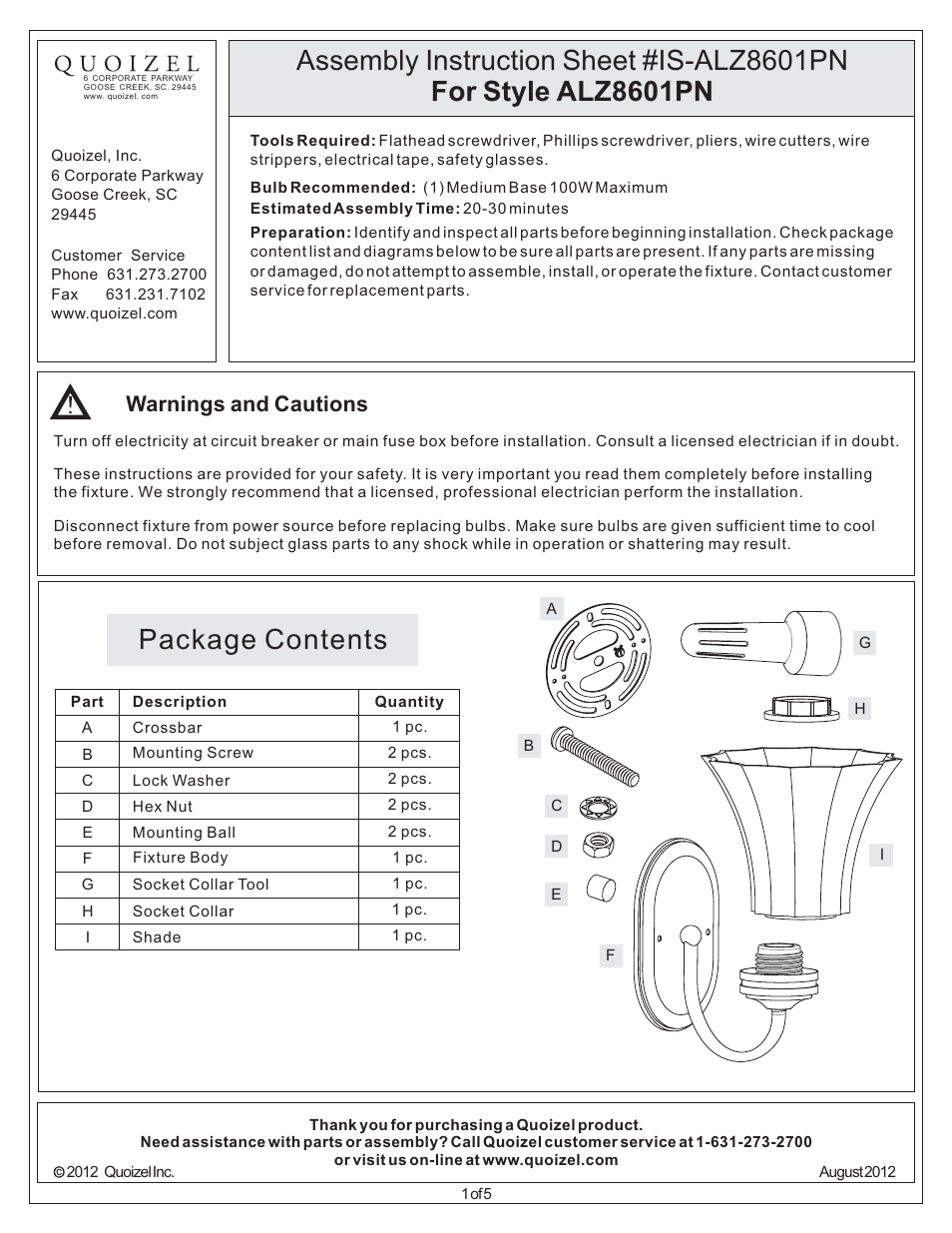 Quoizel ALZ8601PN Aliza User Manual | 5 pages