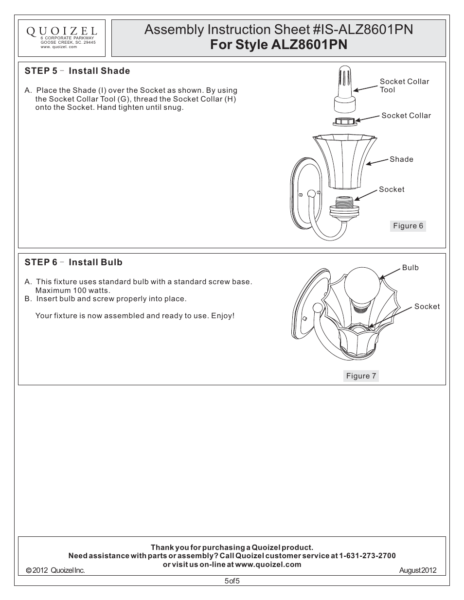 Quoizel ALZ8601PN Aliza User Manual | Page 5 / 5