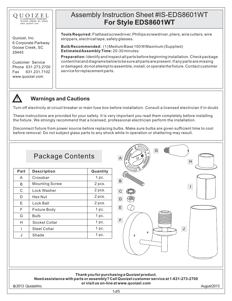 Quoizel EDS8601WT Edison User Manual | 5 pages