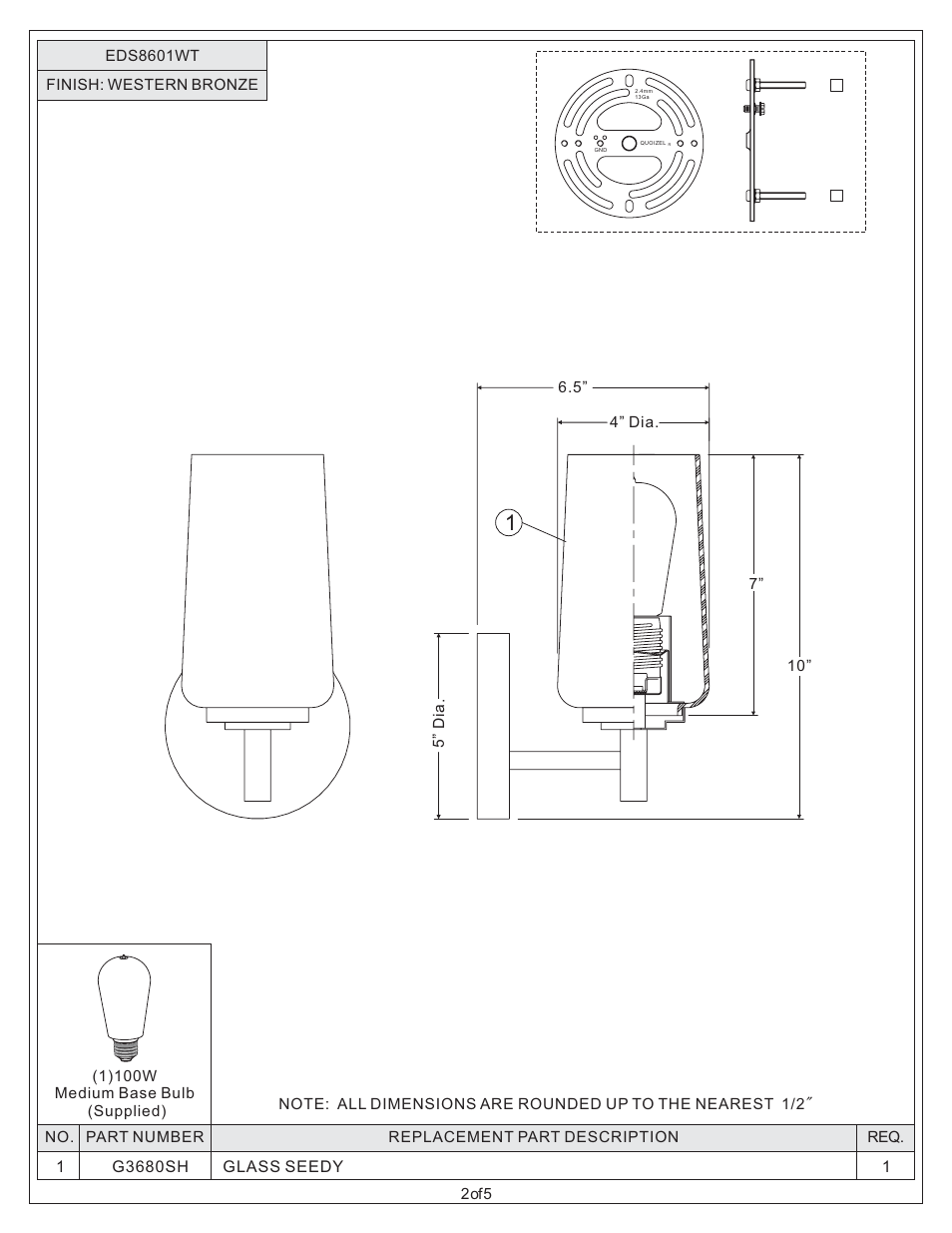Quoizel EDS8601WT Edison User Manual | Page 2 / 5