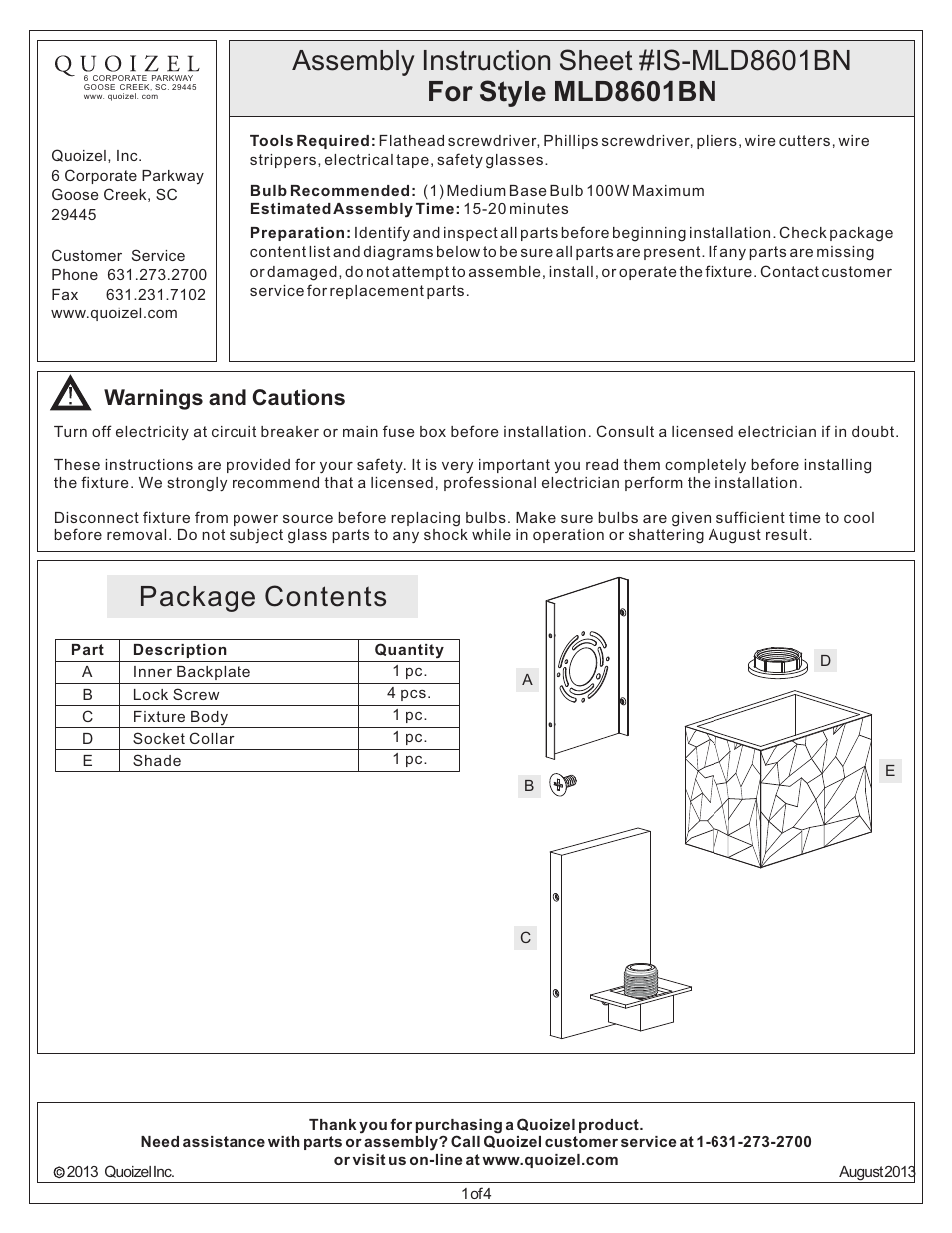 Quoizel MLD8601BN Melody User Manual | 4 pages