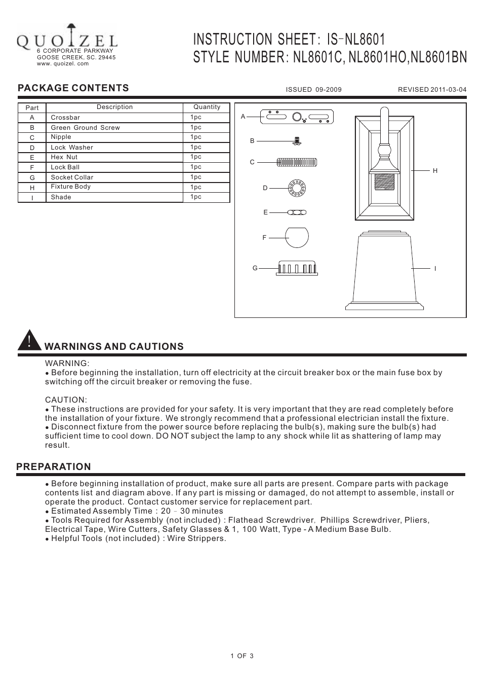 Quoizel NL8601BN Nicholas User Manual | 3 pages