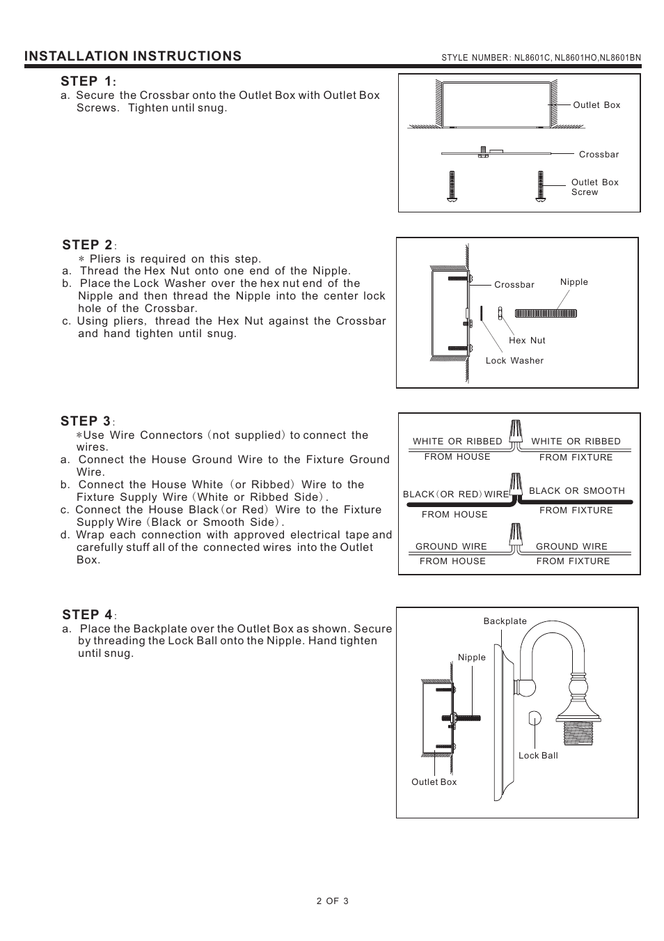 Installation instructions, Step 2, Step 4 | Step 3, Step 1 | Quoizel NL8601BN Nicholas User Manual | Page 2 / 3