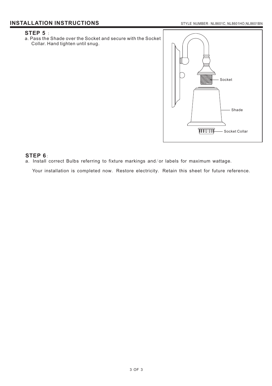 Installation instructions, Step 5, Step 6 | Quoizel NL8601BN Nicholas User Manual | Page 3 / 3