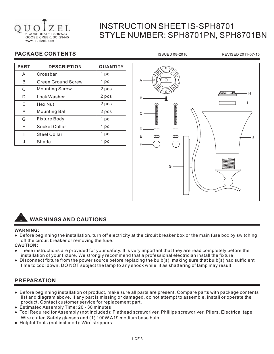 Quoizel SPH8701BN Sophia User Manual | 3 pages
