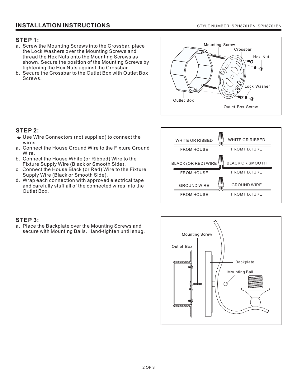 Installation instructions, Step 1, Step 2 | Step 3 | Quoizel SPH8701BN Sophia User Manual | Page 2 / 3