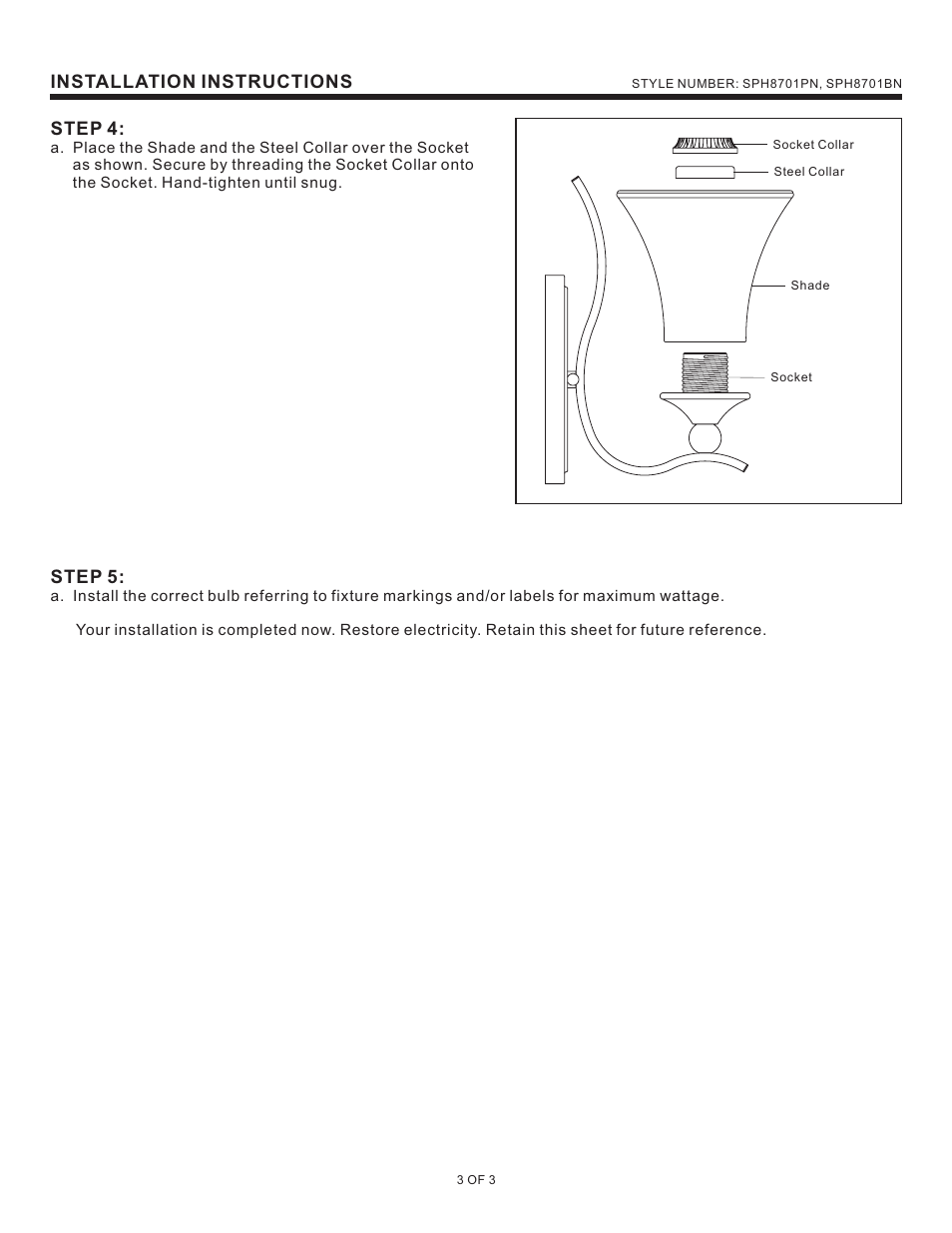 Installation instructions step 4, Step 5 | Quoizel SPH8701BN Sophia User Manual | Page 3 / 3