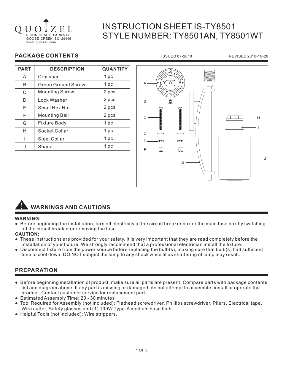 Quoizel TY8501AN Taylor User Manual | 3 pages