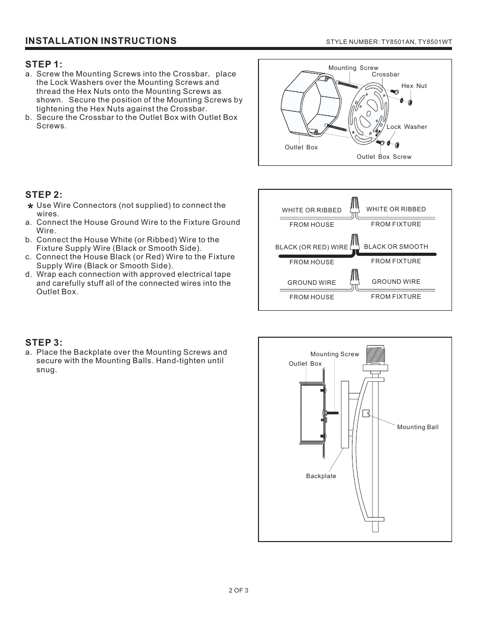 Installation instructions step 1, Step 2, Step 3 | Quoizel TY8501AN Taylor User Manual | Page 2 / 3