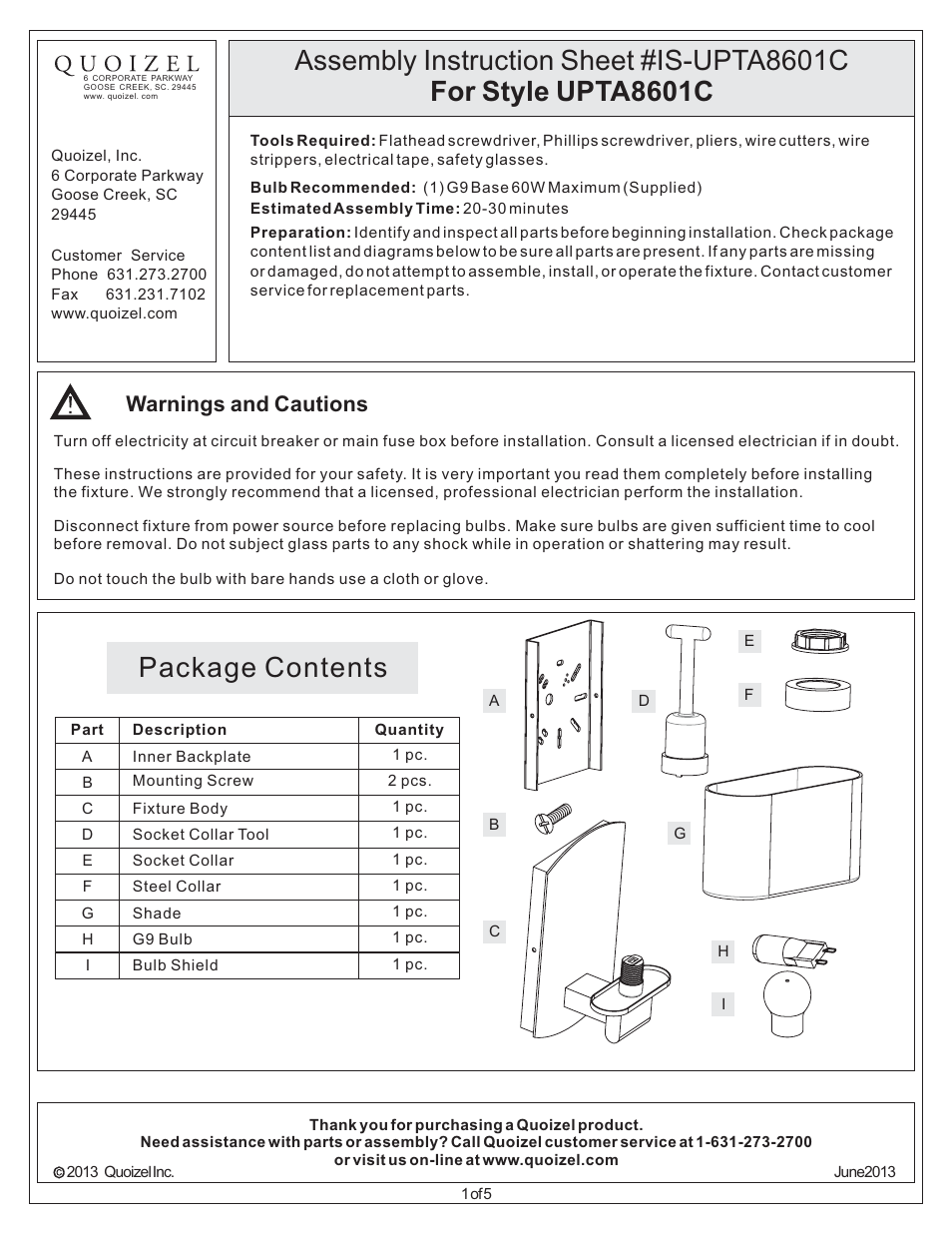 Quoizel UPTA8601C Uptown 3rd Ave User Manual | 5 pages