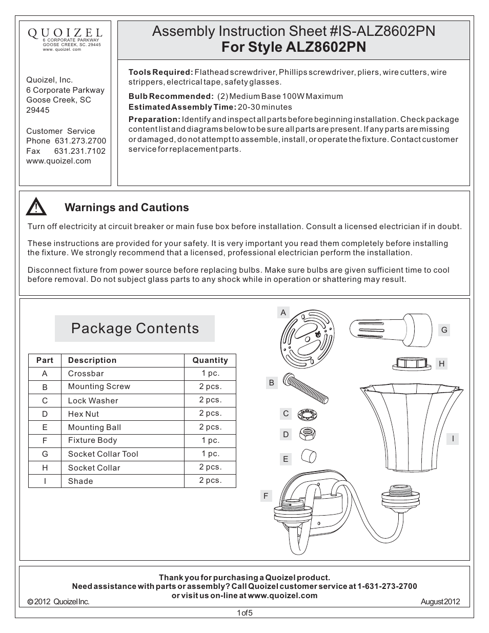 Quoizel ALZ8602PN Aliza User Manual | 5 pages