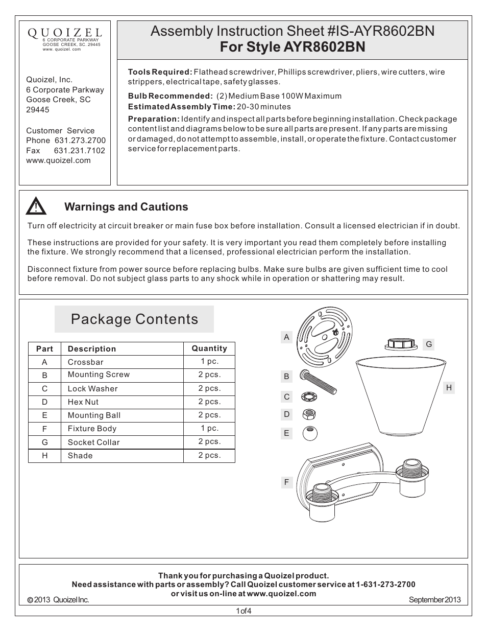 Quoizel AYR8602BN Ayers User Manual | 4 pages