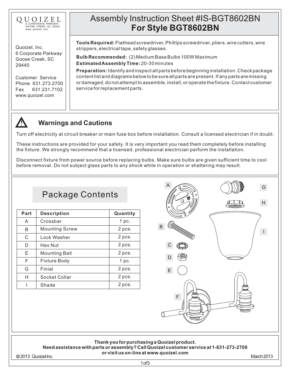 Quoizel BGT8602BN Broadgate User Manual | 5 pages