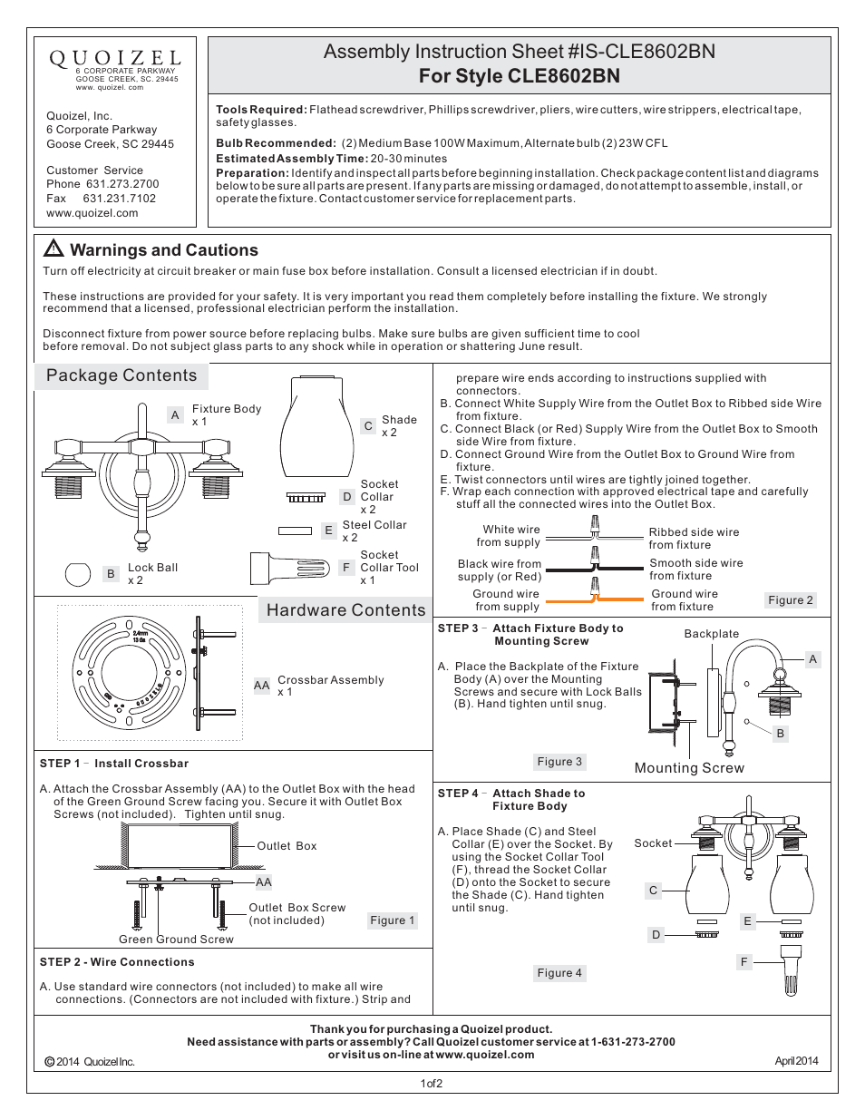 Quoizel CLE8602BN Clarke User Manual | 2 pages