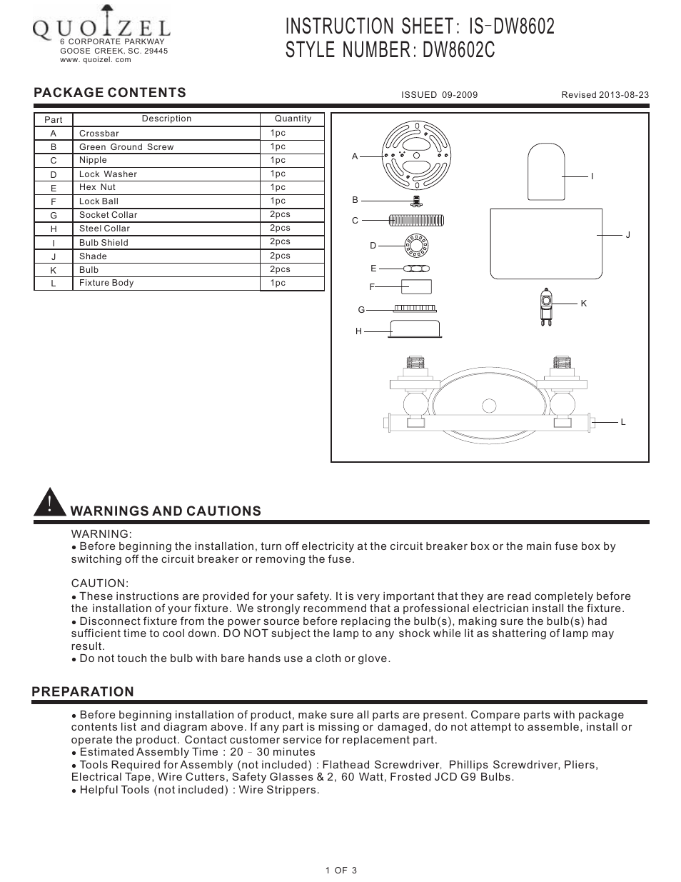 Quoizel DW8602C Downtown User Manual | 3 pages