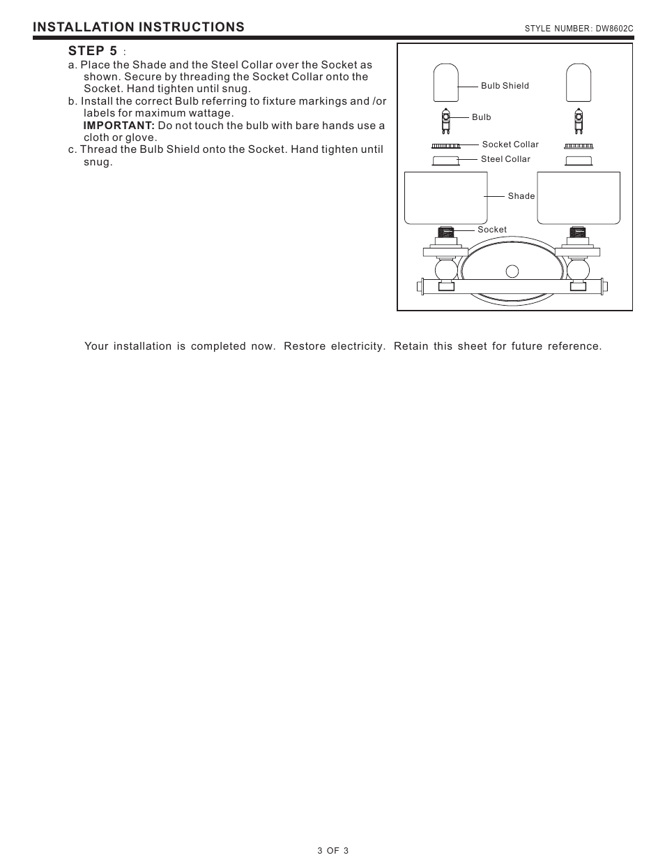 Installation instructions, Step 5 | Quoizel DW8602C Downtown User Manual | Page 3 / 3
