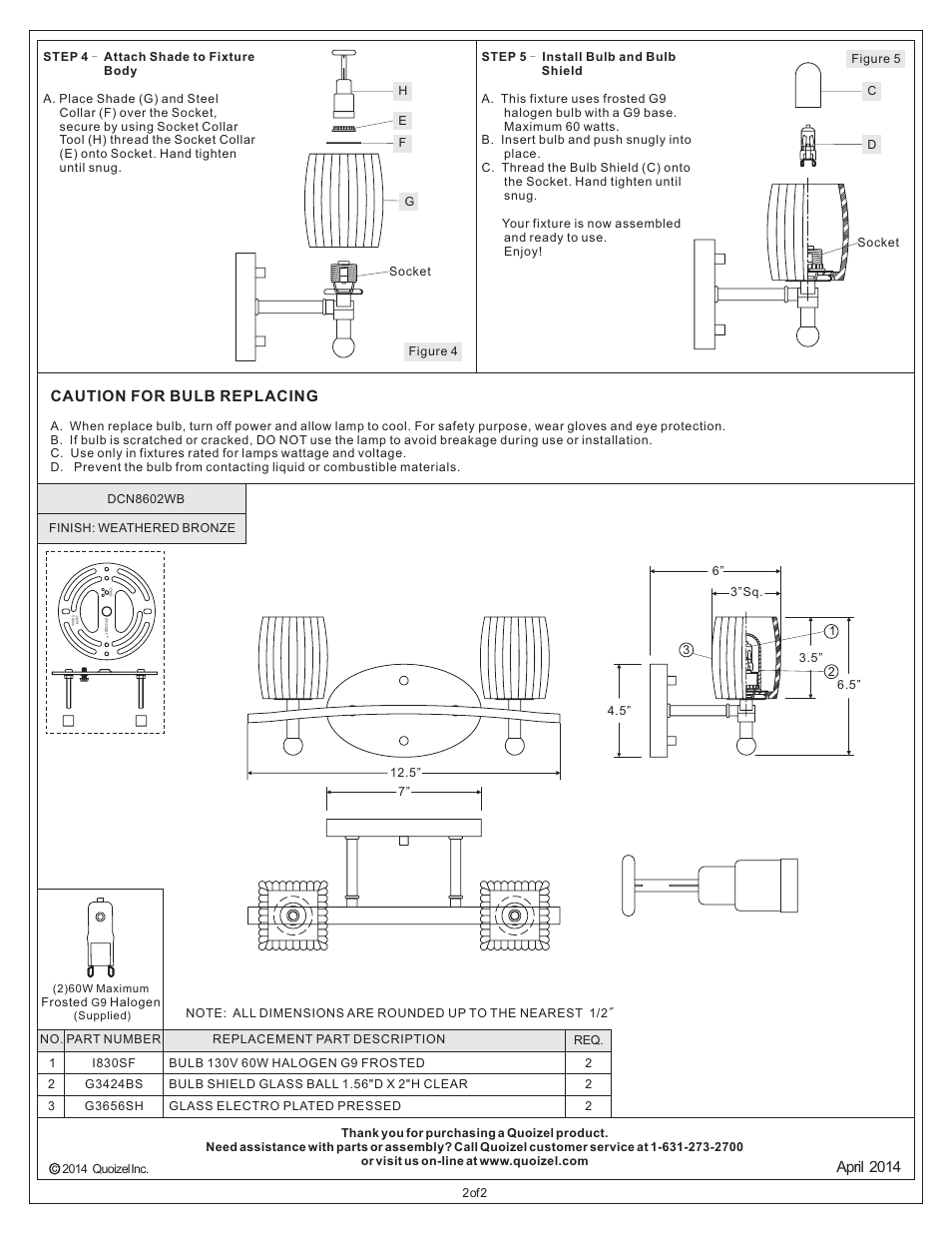 April 2014, Caution for bulb replacing | Quoizel DCN8602WB Duncan User Manual | Page 2 / 2