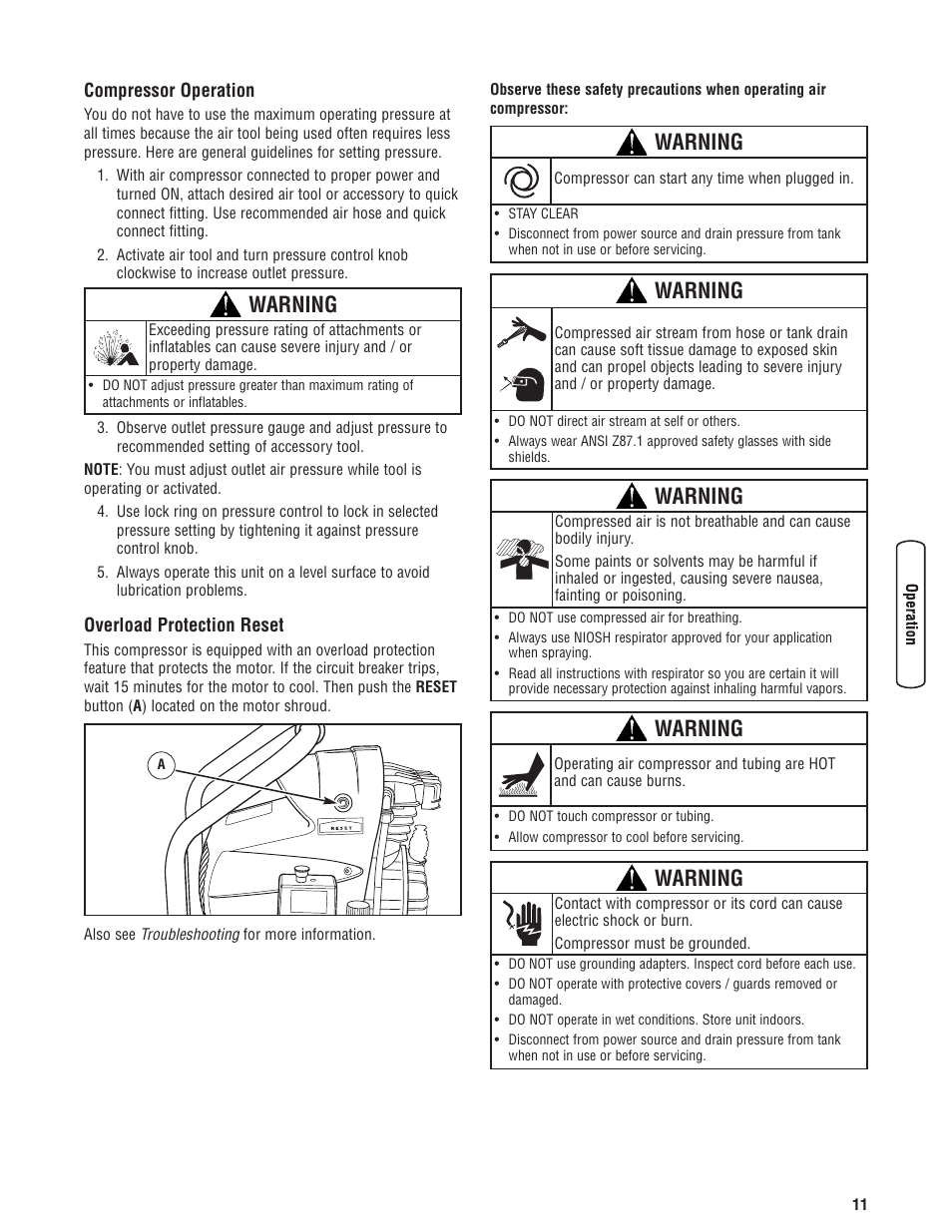 Compressor operation overload protection reset, Warning | Briggs & Stratton Proseries User Manual | Page 11 / 60