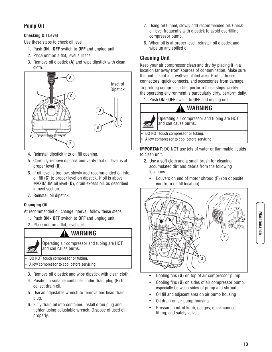 Pump oil cleaning unit, Warning | Briggs & Stratton Proseries User Manual | Page 13 / 60