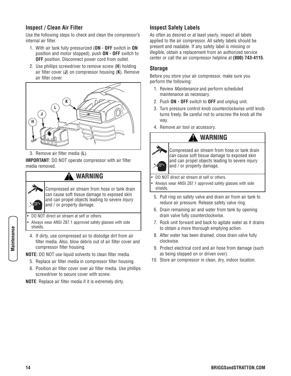 Warning | Briggs & Stratton Proseries User Manual | Page 14 / 60