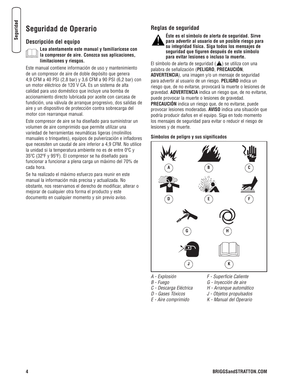 Seguridad de operario | Briggs & Stratton Proseries User Manual | Page 24 / 60