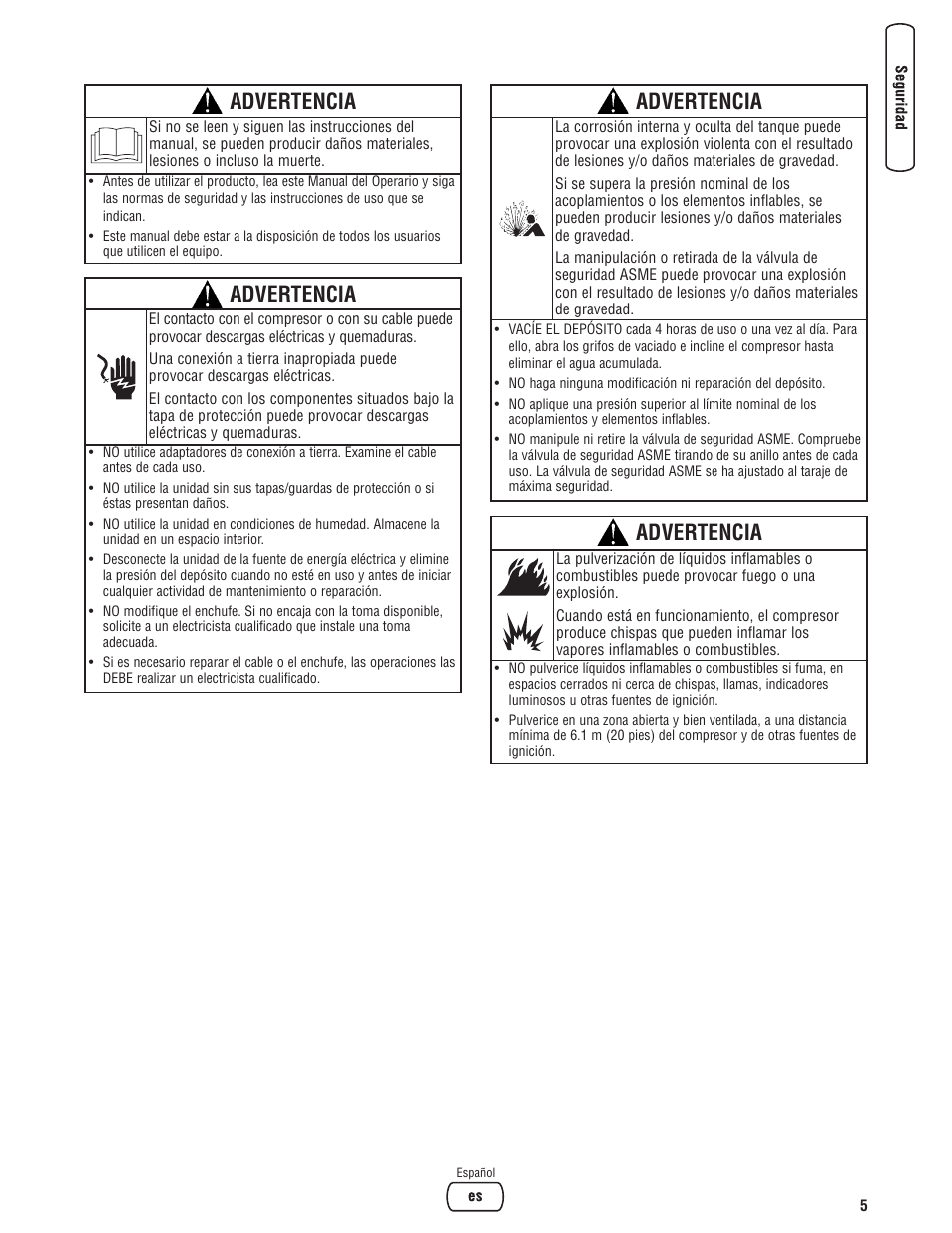 Advertencia | Briggs & Stratton Proseries User Manual | Page 25 / 60