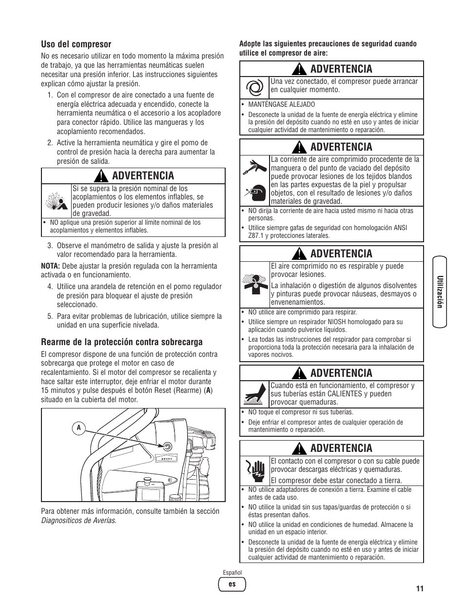 Advertencia | Briggs & Stratton Proseries User Manual | Page 31 / 60