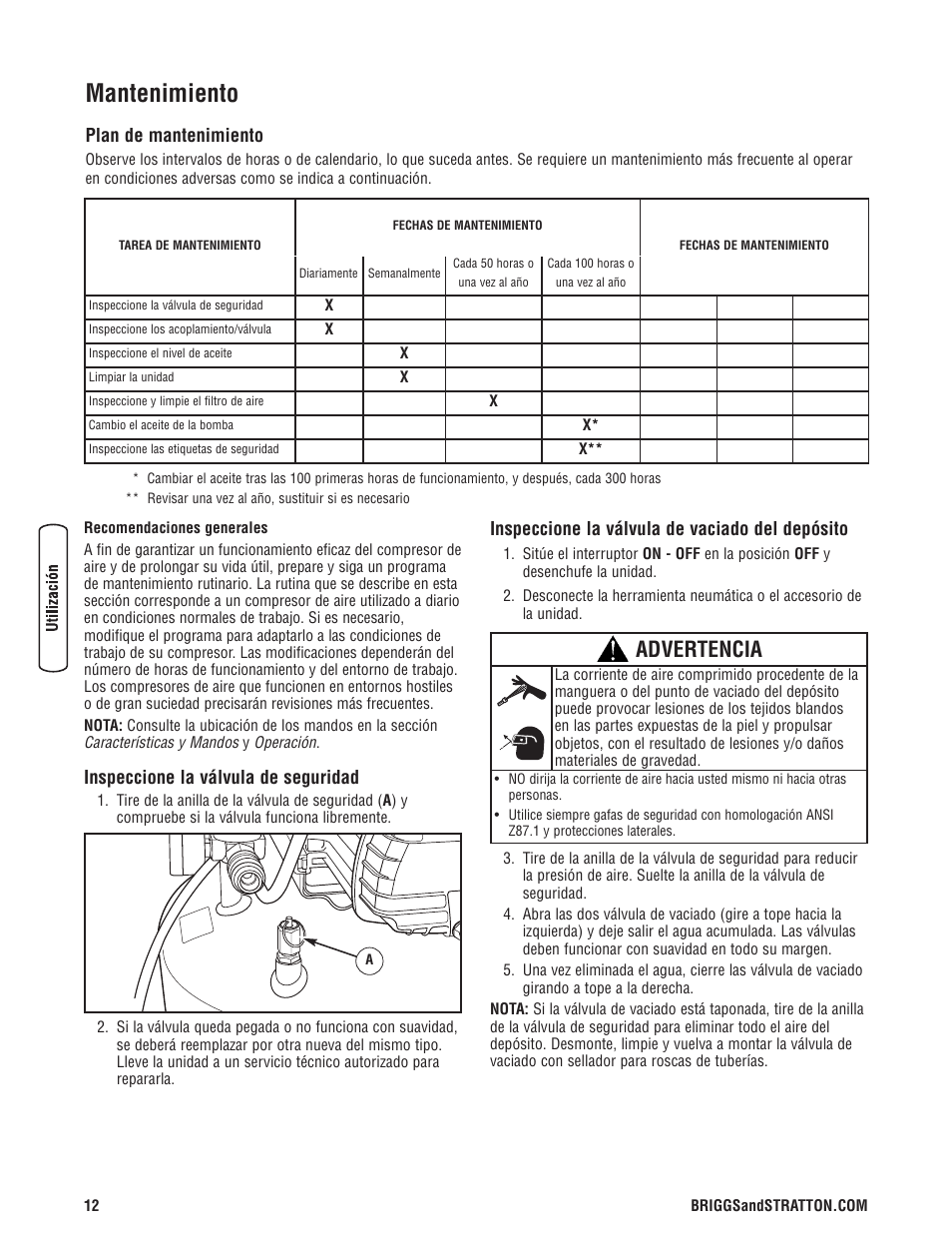 Mantenimiento, Advertencia, Plan de mantenimiento | Inspeccione la válvula de seguridad, Inspeccione la válvula de vaciado del depósito | Briggs & Stratton Proseries User Manual | Page 32 / 60