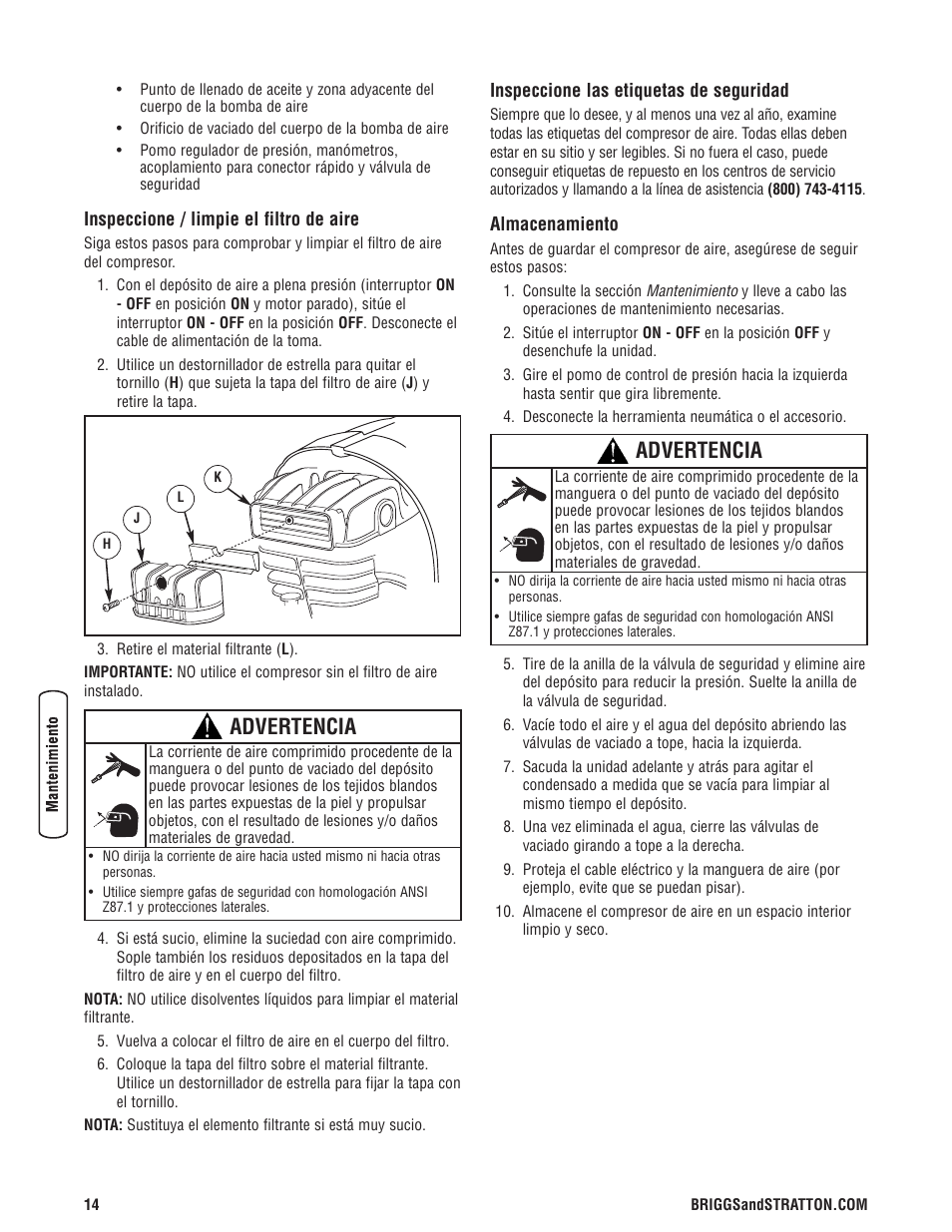 Advertencia | Briggs & Stratton Proseries User Manual | Page 34 / 60