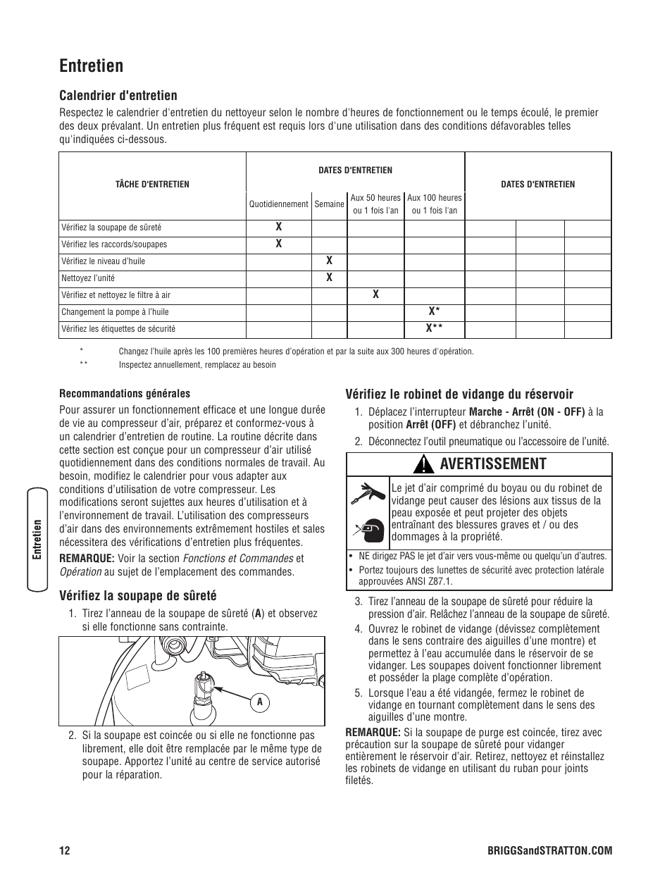 Entretien, Avertissement, Calendrier d'entretien | Vérifiez la soupape de sûreté, Vérifiez le robinet de vidange du réservoir | Briggs & Stratton Proseries User Manual | Page 52 / 60