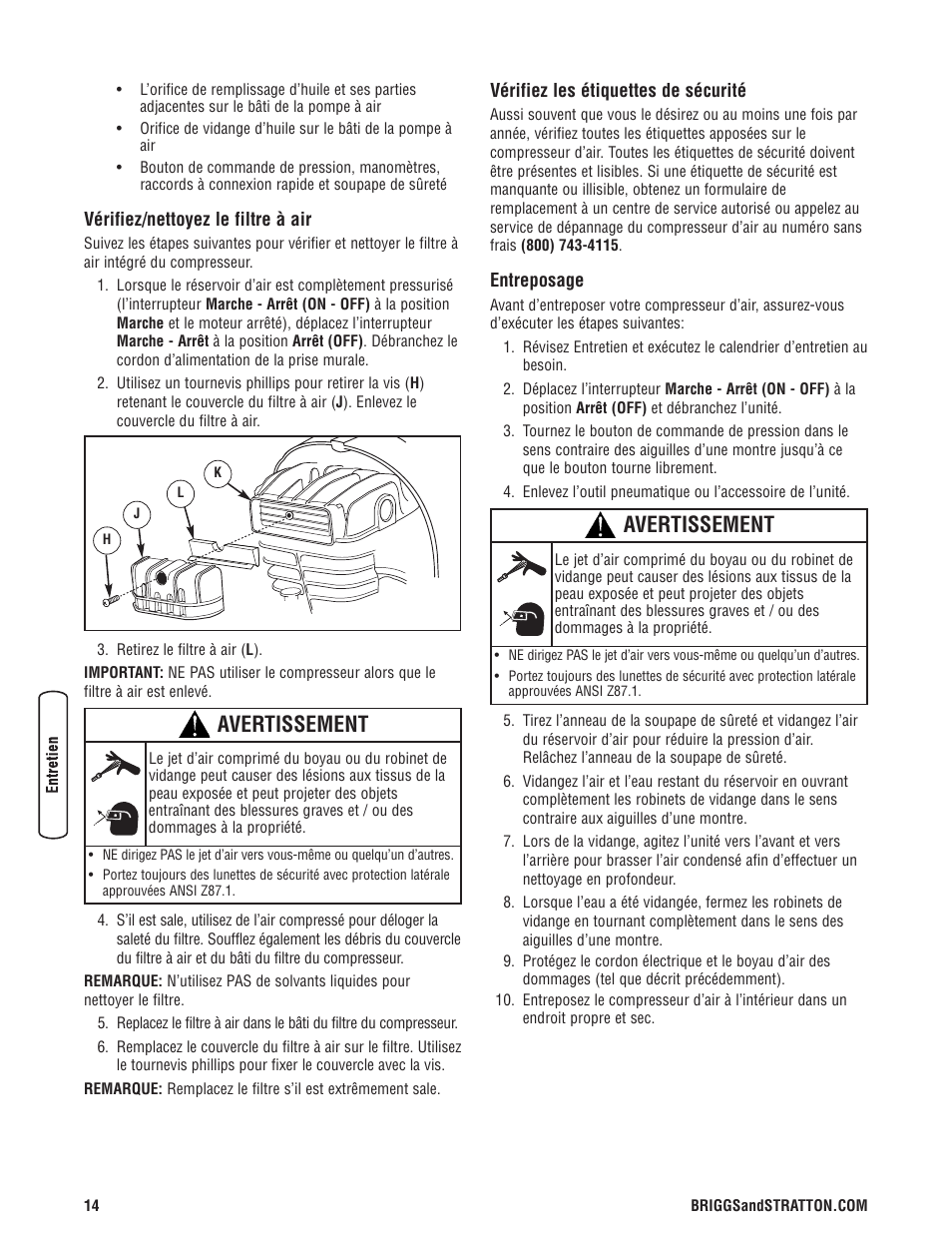 Avertissement | Briggs & Stratton Proseries User Manual | Page 54 / 60