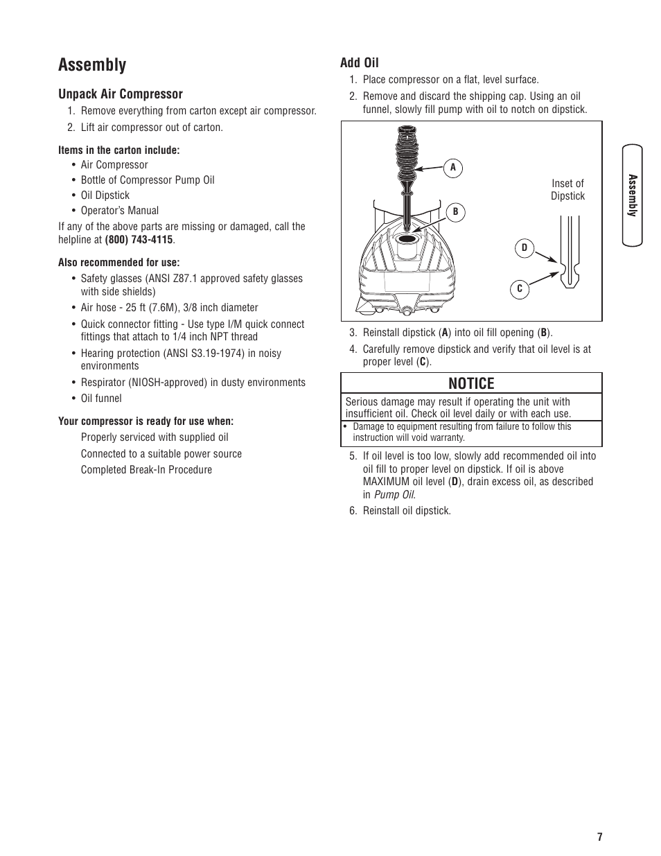 Assembly, Unpack air compressor add oil, Notice | Briggs & Stratton Proseries User Manual | Page 7 / 60