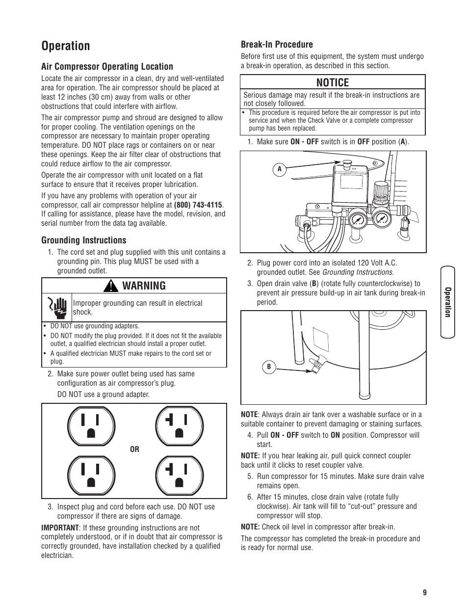 Operation, Notice, Warning | Briggs & Stratton Proseries User Manual | Page 9 / 60