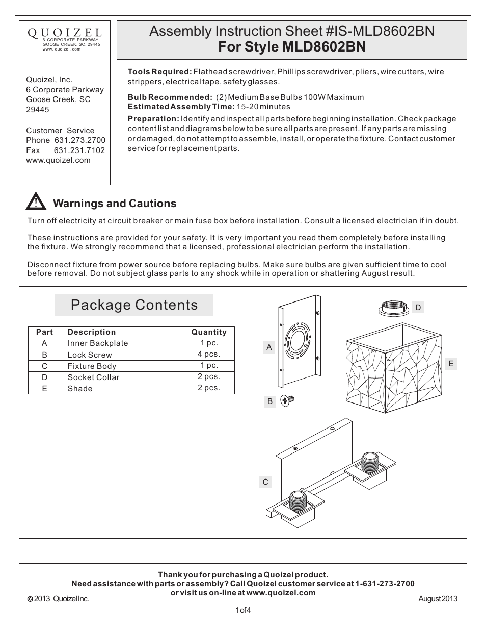 Quoizel MLD8602BN Melody User Manual | 4 pages