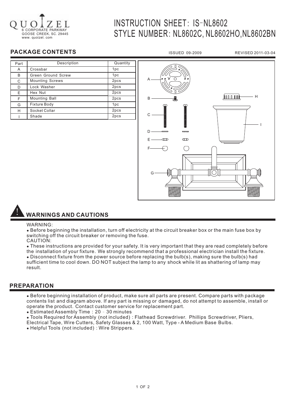 Quoizel NL8602BN Nicholas User Manual | 2 pages