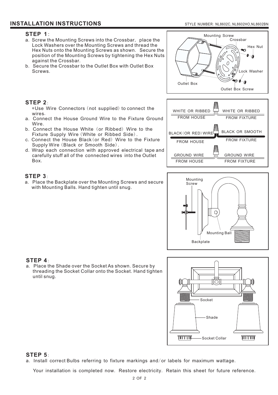 Step 1, Installation instructions, Step 2 | Step 3, Step 4, Step 5 | Quoizel NL8602BN Nicholas User Manual | Page 2 / 2
