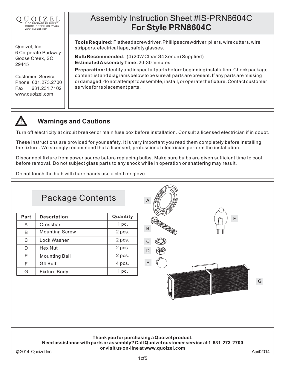 Quoizel PRN8604C Paragon User Manual | 5 pages