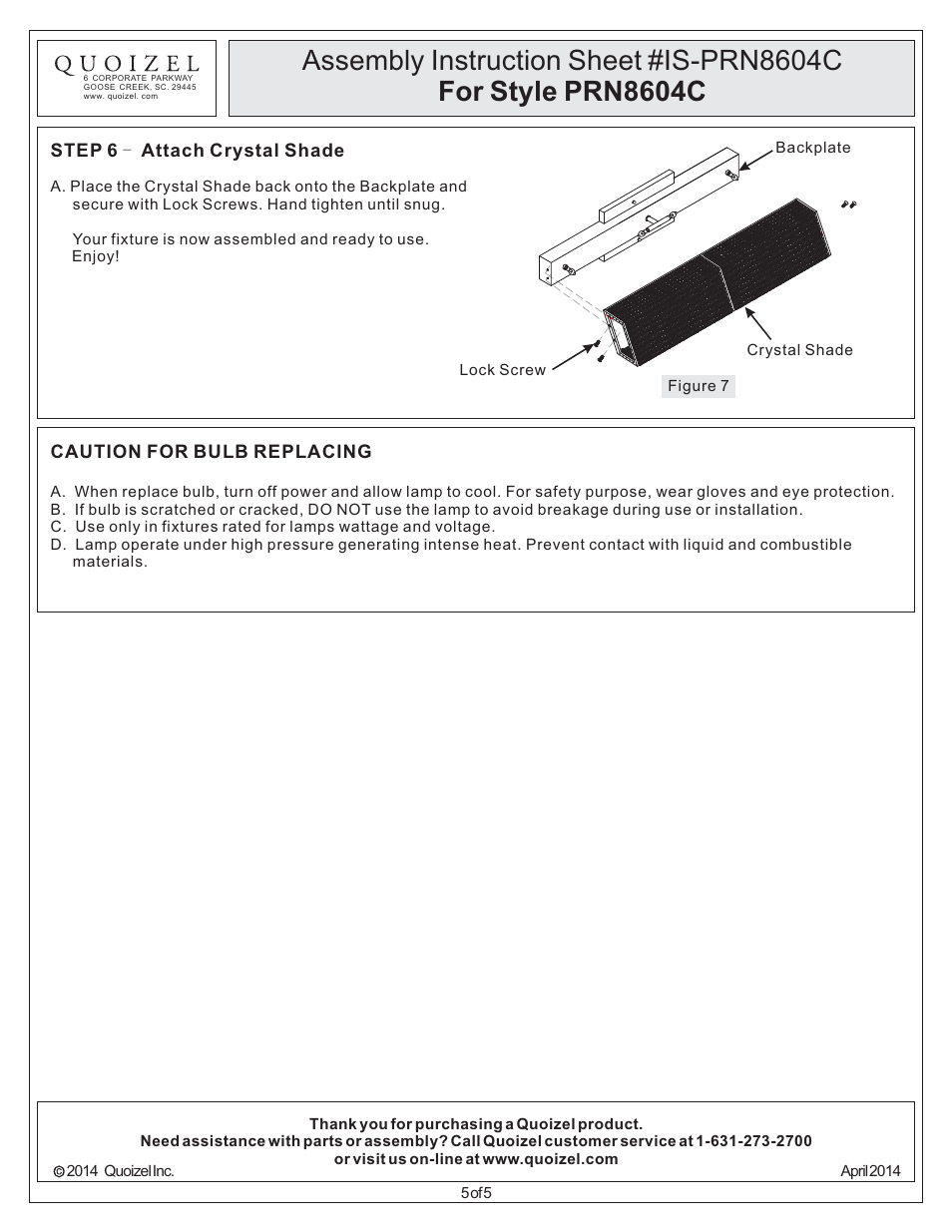 Quoizel PRN8604C Paragon User Manual | Page 5 / 5