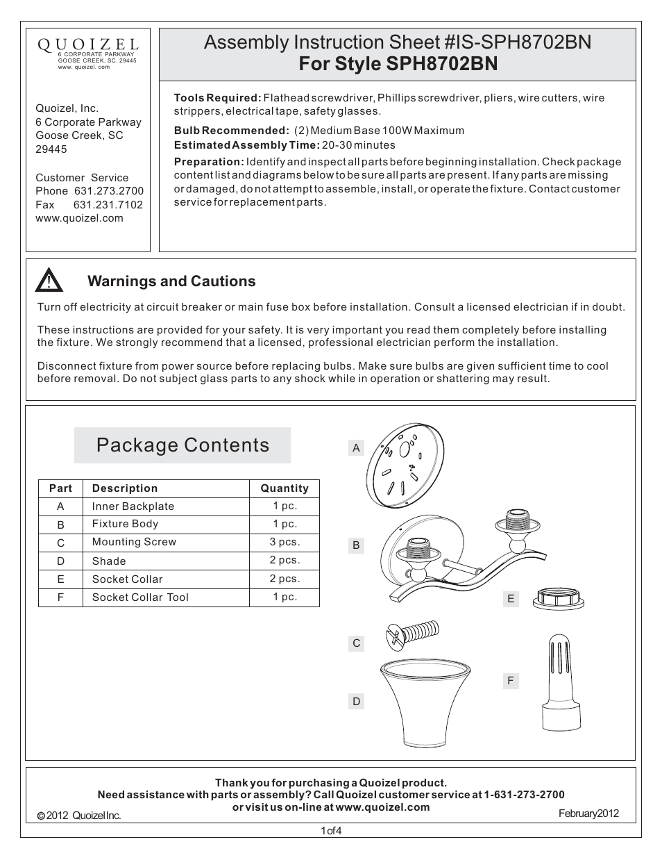 Quoizel SPH8702BN Sophia User Manual | 4 pages