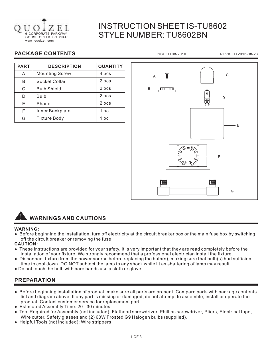 Quoizel TU8602BN Tatum User Manual | 3 pages