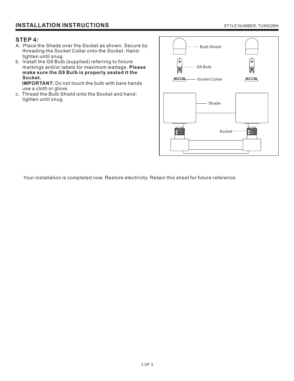 Installation instructions step 4 | Quoizel TU8602BN Tatum User Manual | Page 3 / 3