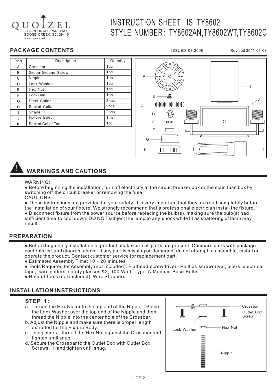 Quoizel TY8602AN Taylor User Manual | 2 pages