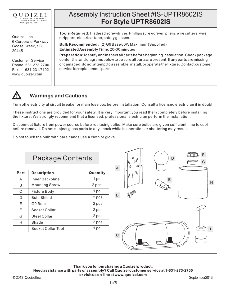 Quoizel UPTR8602IS Uptown Theater Row User Manual | 5 pages