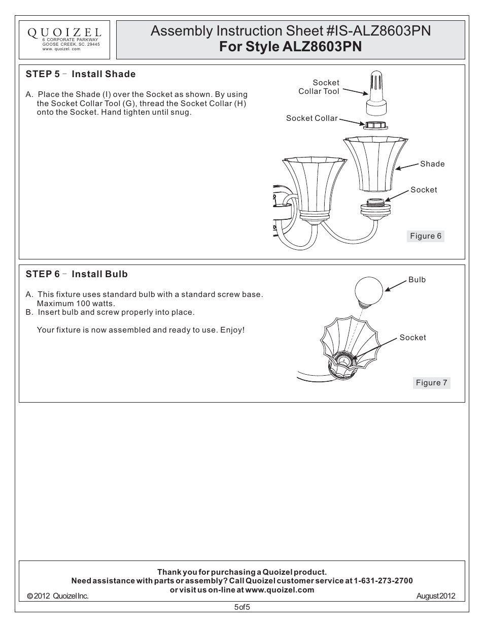 Quoizel ALZ8603PN Aliza User Manual | Page 5 / 5
