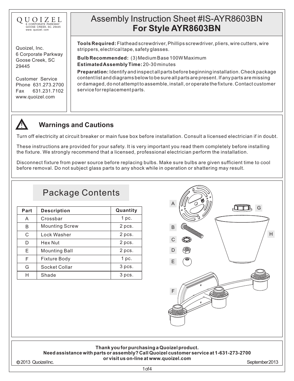 Quoizel AYR8603BN Ayers User Manual | 4 pages